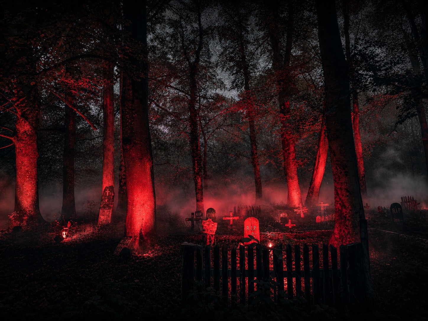 Le Village Hanté 2025 — graveyard in red light and haze